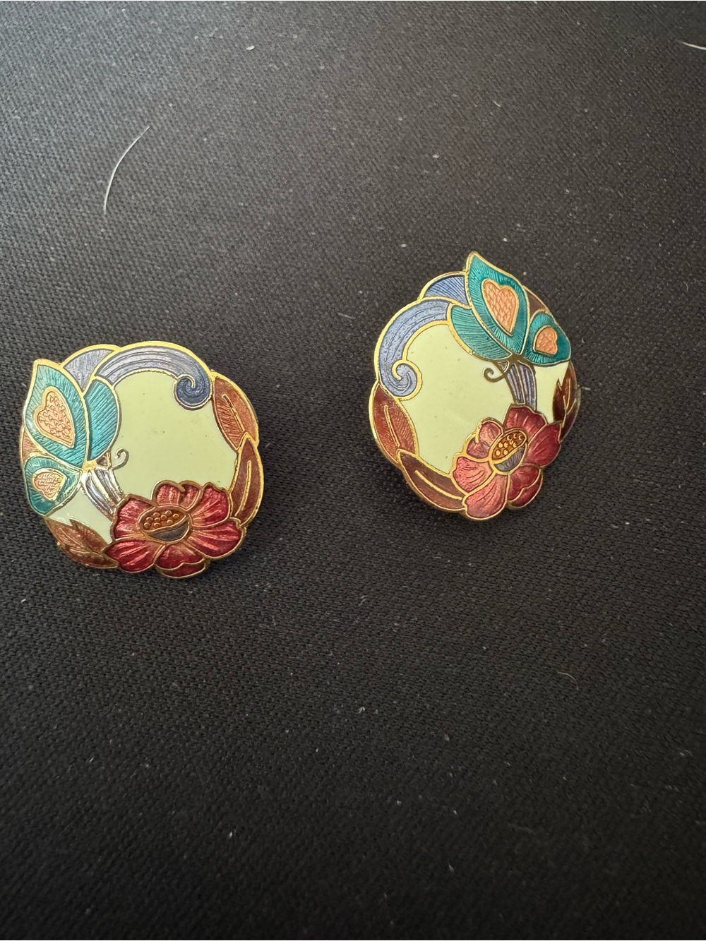 Enamel Floral Round Stud Earrings in Teal, Red and Gold Butterfly